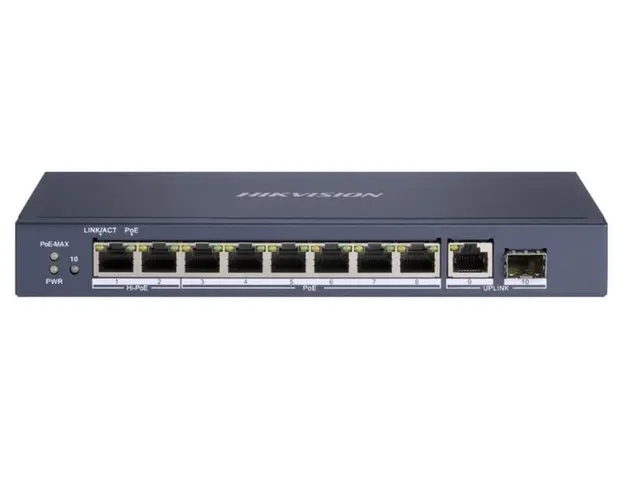 Switch 10 porturi, Hikvision DS-3E0510HP-E, 6x Poe Gb, 2x Hi-PoE Gb, 1x RJ45 Gb, 1x SFP, pana la 120W, Watchdog