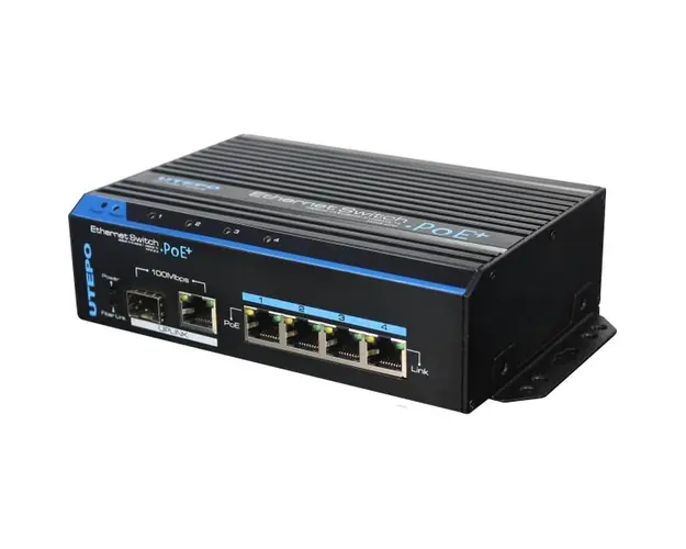 Switch industrial 6 porturi, 4 PoE, 60W, 1 port SFP 100Mbps, 1 port protectie 6KV, montaj DIN, Utepo UTP7204E-POE-A1