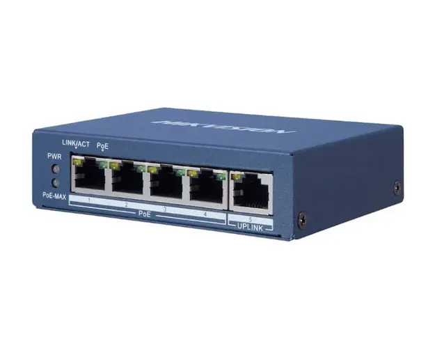 Switch PoE 4 porturi Gigabit, Hikvision DS-3E0505P-E, 60W, 10/100/1000 Mbps, carcasa metalica