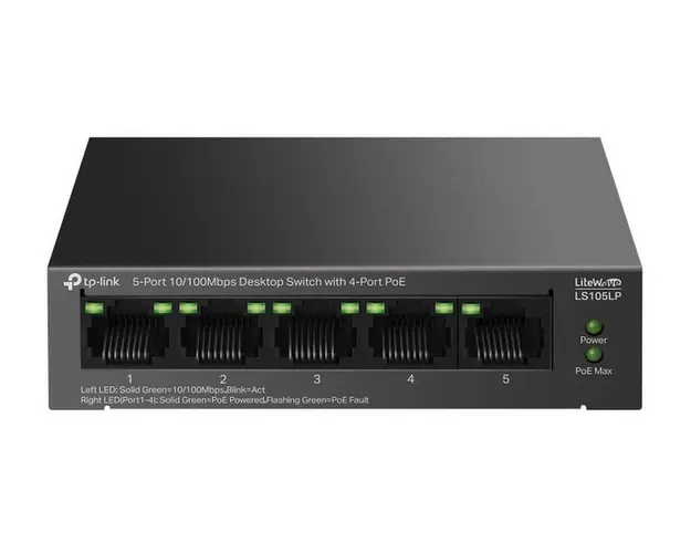 Switch PoE 5 porturi Tp-Link LS105LP, 4x porturi PoE, 1x port RJ45 10/100Mbps, max 41W, fara management