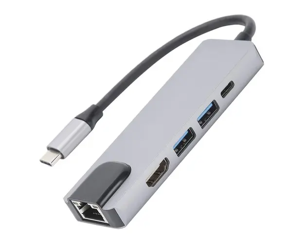 Adaptor Hub multifunctional 5 in 1 Techstar® DJ5IN1, HDMI 4K, USB-C, 1 x USB 3.0, 1 x USB 2.0, LAN RJ45 Ethernet, Aliaj de Aluminiu, Argintiu