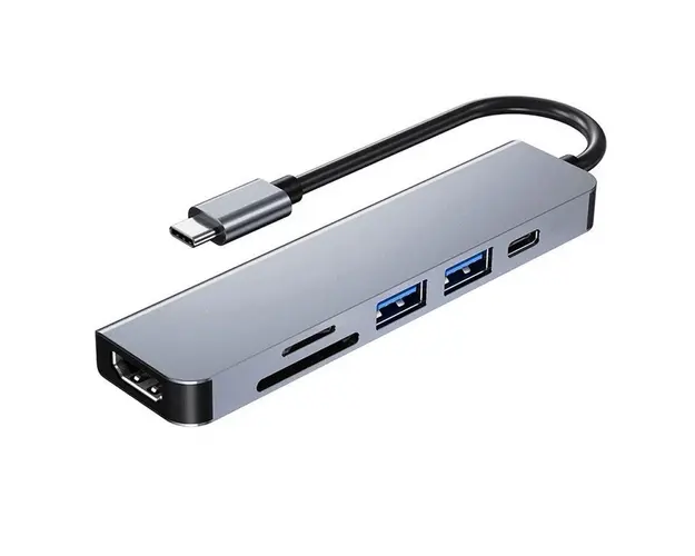 Adaptor Hub multifunctional 6 in 1 Techstar® DJ6IN1, HDMI 4K, USB-C, 1 x USB 3.0, 1 x USB 2.0, Cititor de carduri SD/TF, Aliaj de Aluminiu, Argintiu
