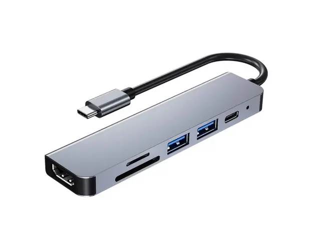Adaptor Hub Multifunctional 6 In 1 Techstar® ZFZ6IN1A, HDMI 4K, USB-C, 1 X USB 3.0, 1 X USB 2.0, Cititor De Carduri SD/TF, PD Port, Aliaj De Aluminiu, Argintiu