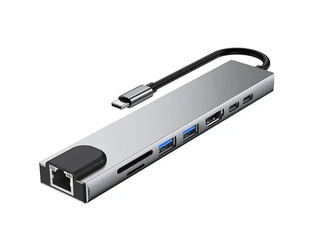 Adaptor Hub multifunctional 8 in 1 Techstar® SF8IN1, HDMI 4K, USB-C, PD Port, 1 x USB 3.0, 1 x USB 2.0, LAN RJ45 Ethernet, Cititor de carduri SD/TF, Aliaj de Aluminiu, Argintiu