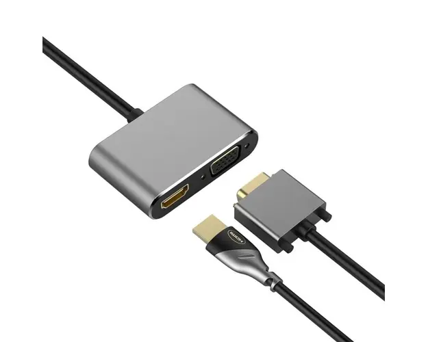 Adaptor multifunctional 2 in 1 USB-C la HDMI Techstar® DJ2IN1, HDMI 4K, VGA 1080P, 1 x USB 3.0, PD Port, Argintiu