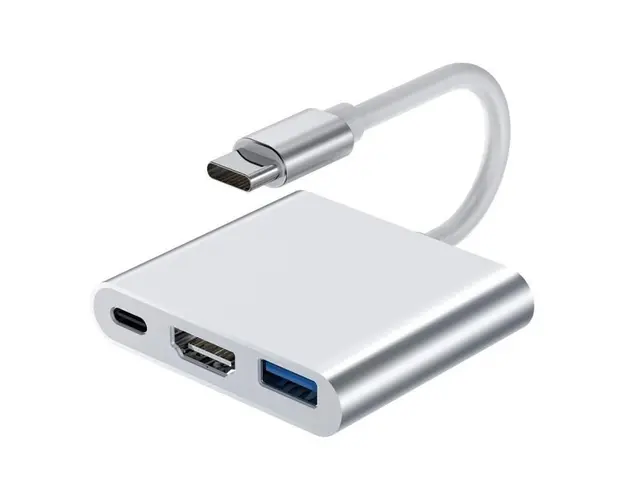 Adaptor multifunctional 3 in 1 USB-C la HDMI Techstar® DJ3IN1, HDMI 4K, 1 x USB 3.0, 1 x USB C, PD Port, Argintiu