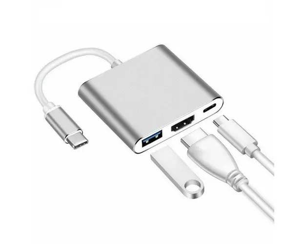 Adaptor multifunctional 3 in 1 USB-C la HDMI Techstar® ZFZ3IN1, HDMI 4K, 1 x USB 3.0, PD Port, Compatibil HD TV, Monitor, Videoproiector, Argintiu