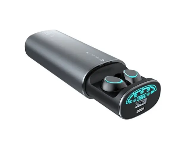 Casti Bluetooth cu Power Bank 2 in 1 Techstar® K100, Baterie 5000 mAh, Microfon, Bluetooth 5.0, Control prin atingere, Afisaj putere, Rezistente la apa, Negru