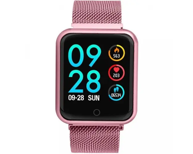 Ceas Smartwatch Techstar® P68, 1.3 inch IPS, Monitorizare Puls, Tensiune, Sedentarism, Bluetooth 4.0, IP65, Curea Otel Inoxidabil, Roz
