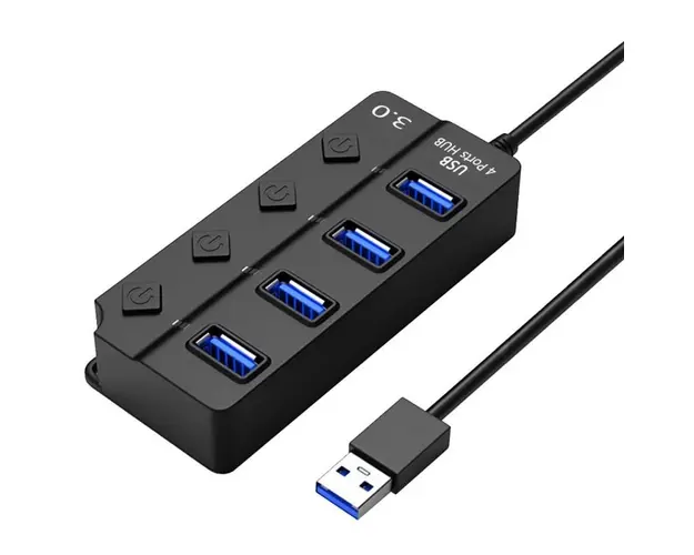 Hub USB cu 4 porturi Techstar® HUBA0702, 4 x USB 3.0, Transfer date 5Gbps, indicator LED pentru putere, comutator independent, Negru