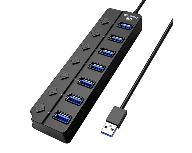 Hub USB cu 7 porturi Techstar® HUBA2401, 7 x USB 2.0, indicator LED pentru putere, comutator independent, Negru