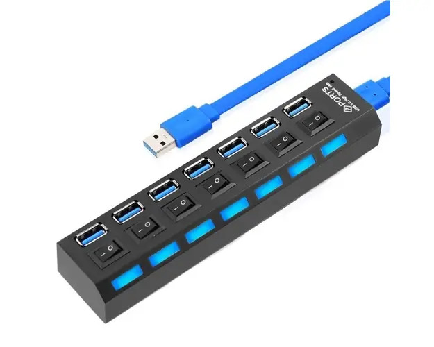 Hub USB Cu 7 Porturi Techstar® HUBA55, 1 X USB 3.0, 6 X USB 2.0, Indicator LED Putere, Comutator Independent, PC, Laptop, Desktop, Negru