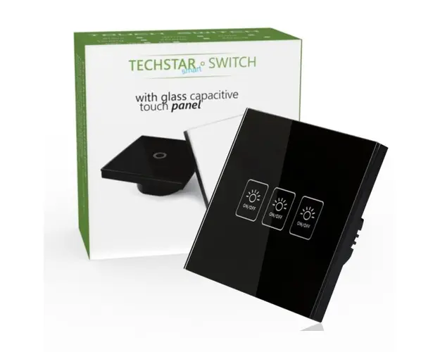 Intrerupator Touch Techstar® TG02, Sticla Securizata, Design Modern, Iluminare LED, 3 Faze, Negru