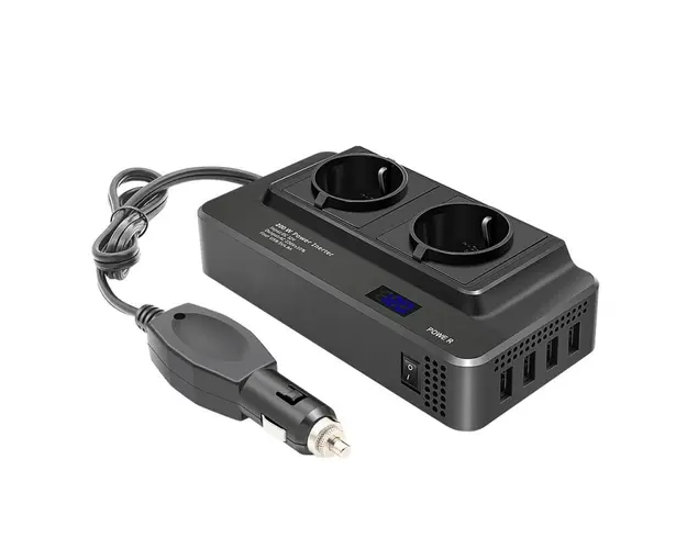 Invertor de putere cu unda sinusoidala Techstar®, 200W, DC12V la AC220V, Afisaj LCD, 2 prize AC EU, 4 Porturi USB cu Incarcare rapida, Negru