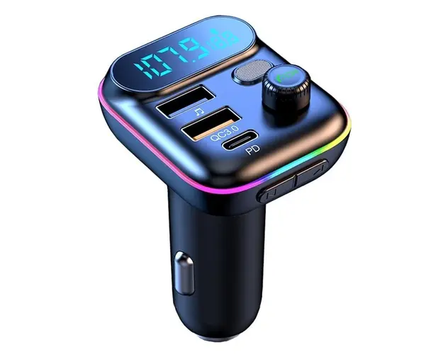 Modulator FM Techstar® T70, Bluetooth 5.0, Voltaj Baterie, USB, QC 3.0 + 18W PD Type C, MicroSD, RGB