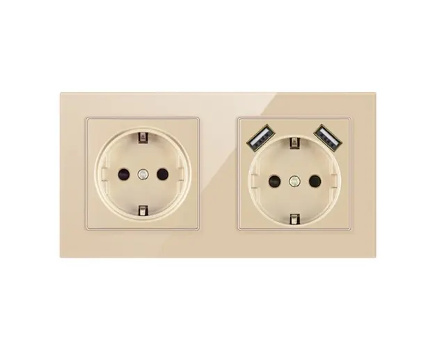 Priza Dubla De Perete Cu 2 Porturi USB Si Panou Din Sticla Techstar® TS-G, 110-250V, 16A, Ignifuga, 80x151mm, Auriu