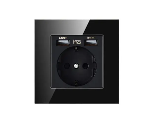 Priza Techstar® Crystal TSU1, Simpla, 2 x USB, 2.1 A, Culoare Negru Onyx, Sticla Securizata, 16A