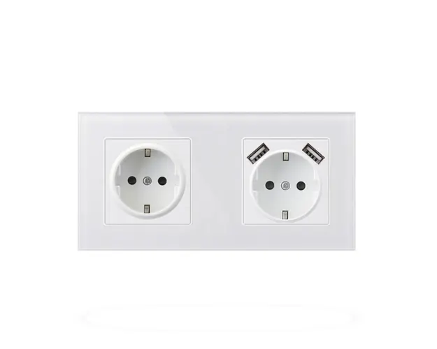 Priza Techstar® Crystal TSU2, Dubla, 2 x USB, 2.1 A, Culoare Alb Frost, Sticla Securizata, 16A