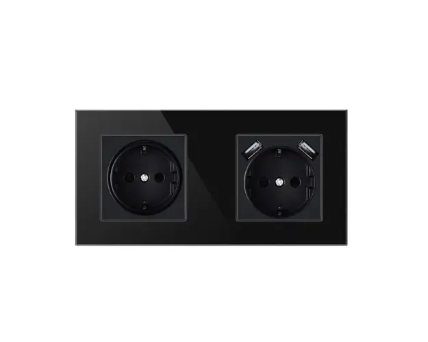 Priza Techstar® Crystal TSU2, Dubla, 2 x USB, 2.1 A, Culoare Negru Onyx, Sticla Securizata, 16A