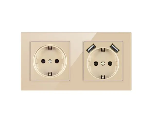 Resigilat Priza Dubla De Perete Cu 2 Porturi USB Si Panou Din Sticla Techstar® TS-G, 110-250V, 16A, Ignifuga, 80x151mm, Auriu