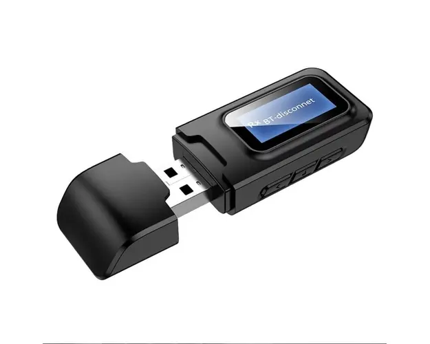 Transmitator receptor audio 2 in 1 Techstar® OT07, Bluetooth 5.0, Afisaj LCD, Port USB, AUX 3.5 mm, Compatibil TV sau Home Cinema, Negru
