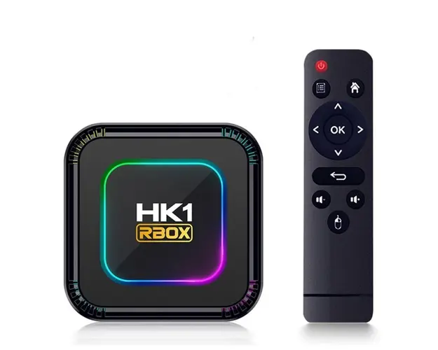 TV Box Techstar® HK1 K8 RK3528 Smart Media Player, 8K, RAM 4GB, ROM 32GB, Bluetooth 5.0, Android 13, RK3528 Quad Core ARM Cortex-A53, Culori RGB Programabile, Telecomanda IR, Negru