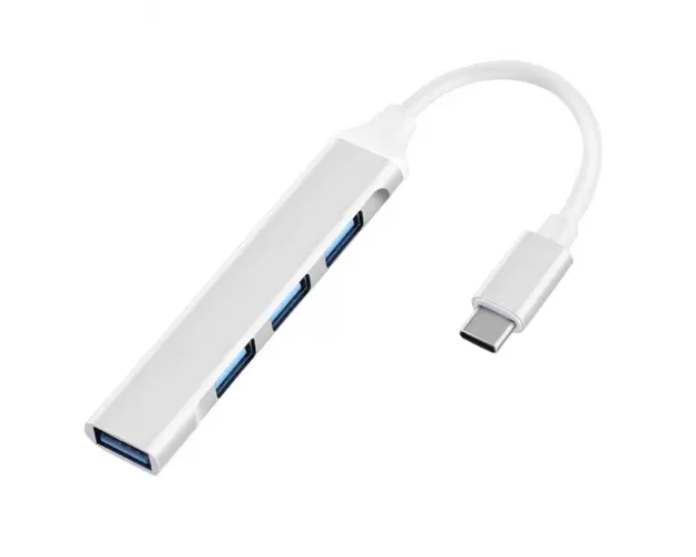 USB HUB Techstar® Diviso, USB Type-C la 4 x USB 3.0, Aluminium, Compact, Usor, OTG, Argintiu