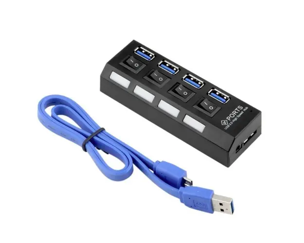 USB Hub Techstar® HB4, 3.0 High Speed, 4 Port USB 3.0, Buton On/Off, Conexiune USB 3.0 de mare viteza, USB