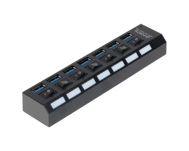 USB Hub Techstar® HB6, 3.0 High Speed, 7 Port USB 3.0, Buton On/Off, Conexiune USB 3.0 de mare vitezam Alimentator Extern