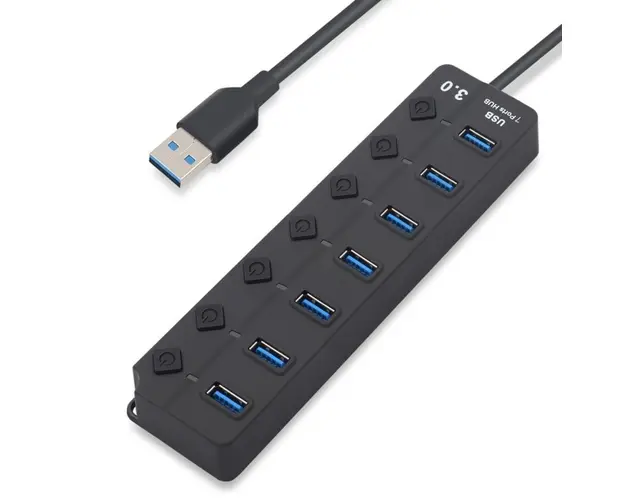 USB Hub Techstar® HB7, 3.0 High Speed, 7 Port USB 3.0, Buton On/Off, Conexiune USB 3.0 de mare viteza