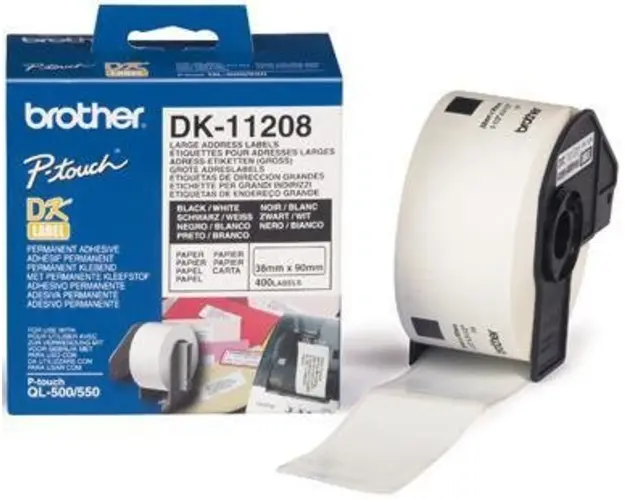 Etichete de hartie mari pentru adrese Brother DK11208, 38 mm x 90 mm (Negru/Alb)