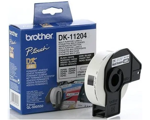 Etichete de hartie multifunctionale Brother DK11204, 17 mm x 54 mm (Negru/Alb)