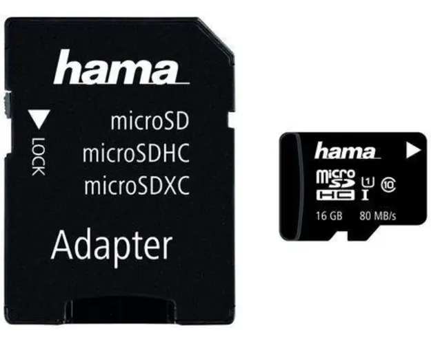 Card de memorie Hama microSDHC, 16GB, Clasa 10, pana la 80 MB/s, UHS-I + Adaptor SD