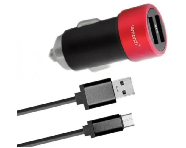 Incarcator Auto Lemontti LIA2UMUNR3A, 3.1A, 2 x USB, cablu MicroUSB (Negru/Rosu)