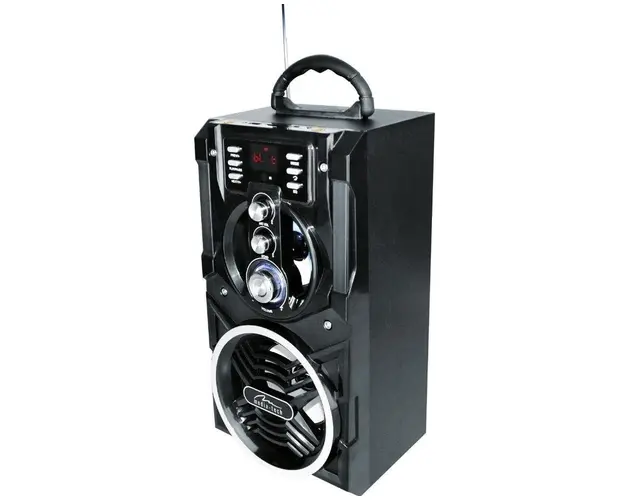 Boxa Karaoke Portabila Media-Tech Partybox BT, Radio FM, MP3 Player, 18W RMS, cu Subwoofer, Incinta Lemn, USB + SD, Telecomanda, Antena (Negru)