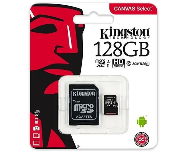 Card de memorie Kingston Canvas Select microSDXC, 128 GB, 80 MB/s Citire, 10 MB/s Scriere, Clasa 10 UHS-I + Adaptor SD