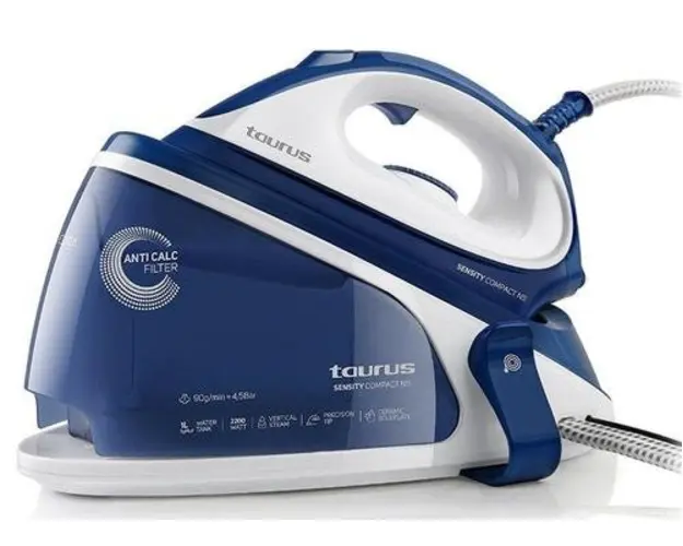 Statie de calcat Taurus Sensity Compact, 2200 W, 4.5 bar, Talpa ceramica, Rezervor 1 l cu incarcare non stop, Termostat reglabil, (Alb/Albastru)