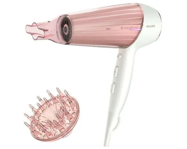 Uscator de par Philips HP8281/00,2300 W, Senzor Moisture Protect Prestige, Ionic, Cool-Shot, 6 setari de viteza si temparatura, difuzor si concentrator, Alb/Roz
