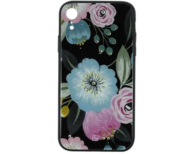 Protectie Spate Just Must Glass Diamond Print Flowers Black Background JMGDPIPXRFLBKB pentru iPhone XR (Multicolor)