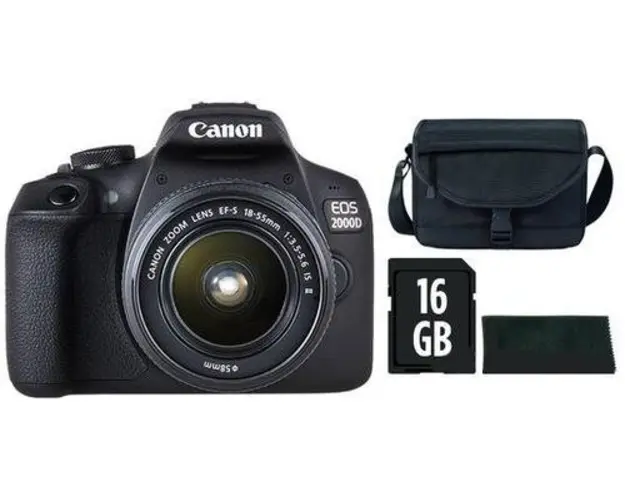 Aparat Foto D-SLR Canon EOS 2000D + EF-S 18-55mm IS II, 24.1 MP, Ecran 3inch LCD, Filmare Full HD + Geanta Canon + Laveta + Card 16GB SD (Negru)