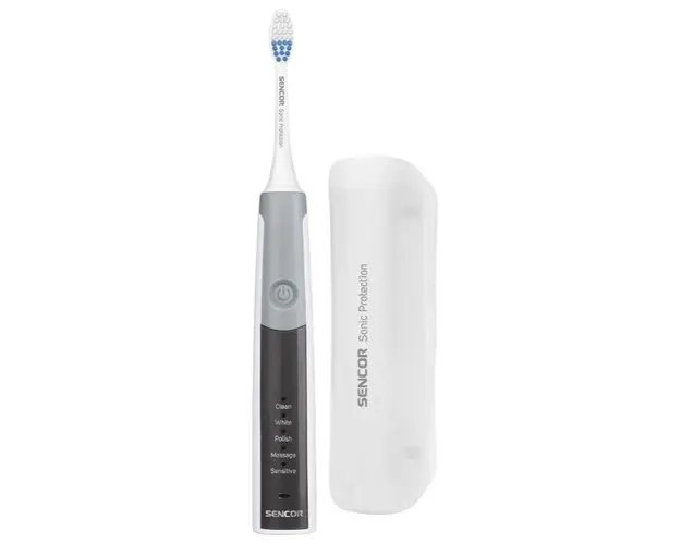 Periuta de dinti electrica Sencor SOC 2200SL, 45000 vibratii/min, Cronometru 2 min, IPX7, 5 Programe, 2 Capete, Trusa de calatorie (Gri)