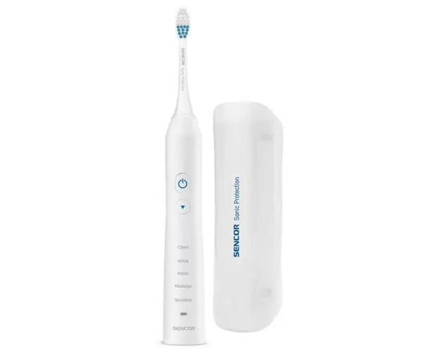 Periuta de dinti electrica Sencor SOC 3312WH, 48000 vibratii/min, Sterilizator UV, IPX7, Cronometru 2 min, 5 Programe, 2 Capete, Trusa de calatorie (Alb)