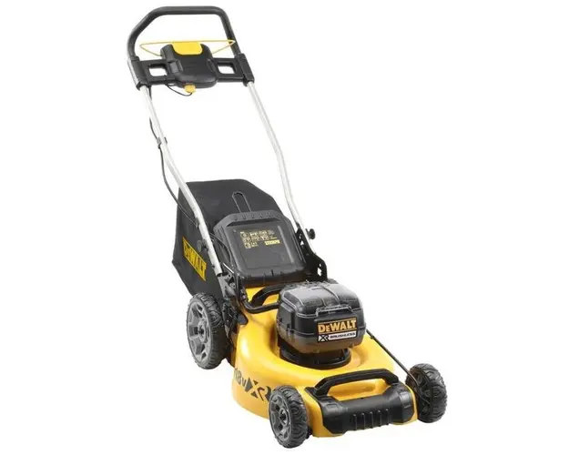 Masina electrice de tuns gazonul cu acumulator DeWalt DCMW564P2, 18 V, 5 Ah Li-Ion, 48 cm latime lucru, 5 trepte taiere, 45 l sac colector + 2 baterii