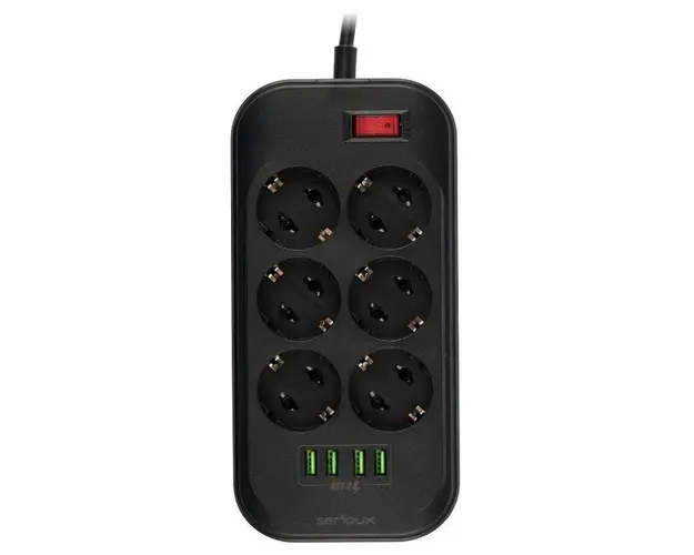 Prelungitor cu protectie Serioux SRXP-PS66B, 6 prize schuko, 4 porturi USB (5V- 3.1A)