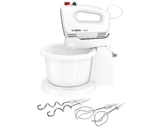 Mixer cu bol Bosch MFQ2600G, 375W, 4 trepte de viteza+turbo, 2 spirale, 2 teluri (Alb)