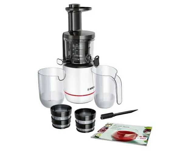 Storcator de fructe Bosch VitaExtract MESM500W, 150 W, 55 rpm, 2 filtre, melc din Tritan, reverse, DripStop (Alb)