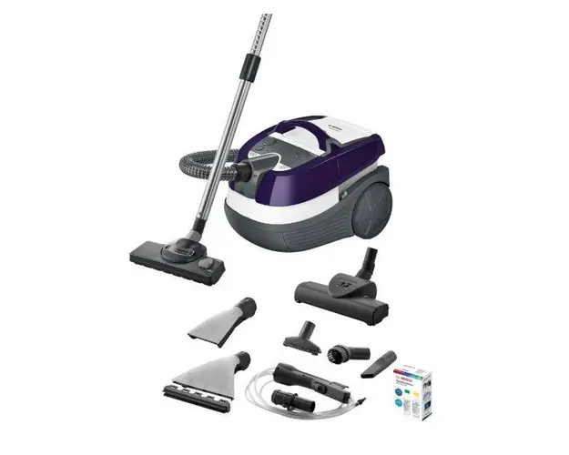 Aspirator cu spalare Bosch AquaWash&Clean BWD41740, 1700 W, 5 l, filtru Epa, perie parchet (Alb/Mov)