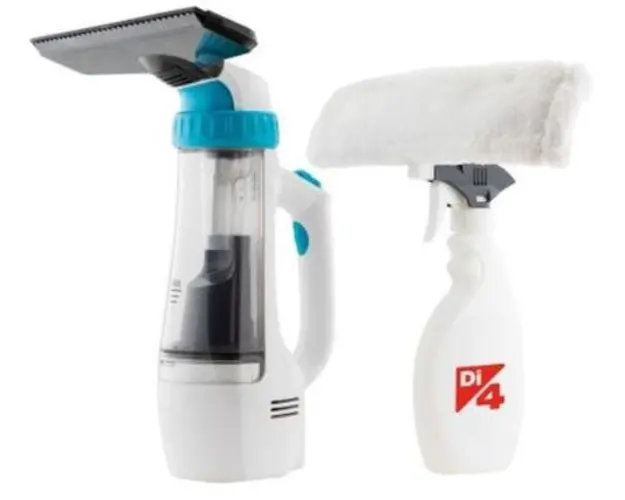 Aspirator de curatat geamuri si aspirat praful Daga Di4 Aspirojet Duo, 3.7 V, Li-Ion, autonomie 35 min, rezervor 80 ml, accesorii aspirare si recipient pulverizare (Alb/Albastru)