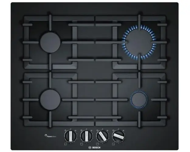 Plita incorporabila Bosch Serie 6 PPP6A6B90, Gaz, 4 Arzatoare, Siguranta, FlameSelect, Sticla Quartz (Negru)