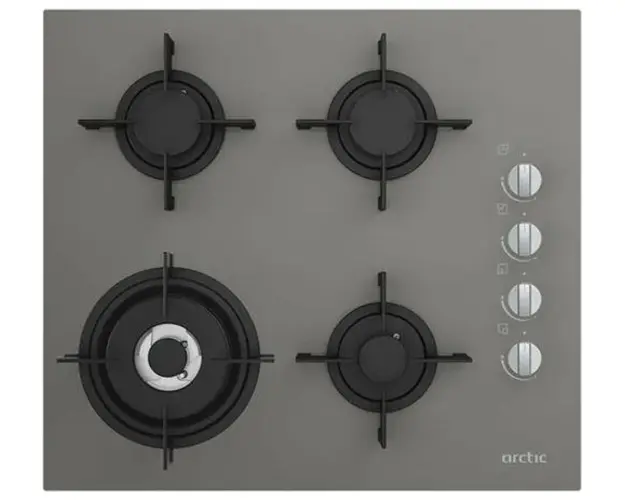 Plita incorporabila Arctic ARSGW64120SMG, Gaz, 4 Arzatoare, Aprindere electrica, Siguranta, Arzator Wok, Sticla (Gri)